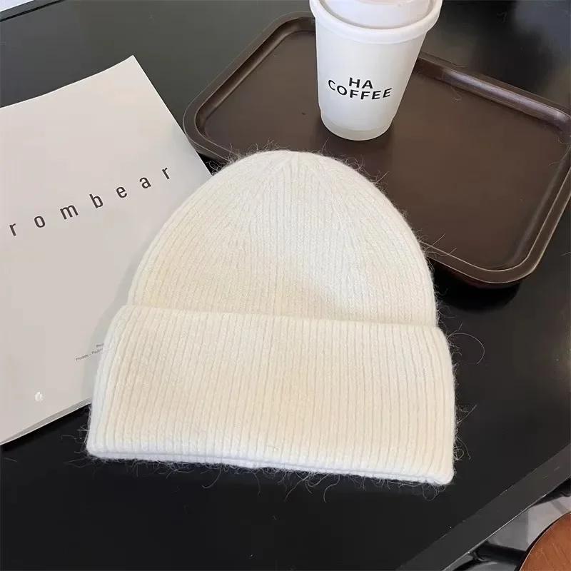 2024 Angora Strick Winter Hut Für Frauen Kaninchen Fell Flauschigen Gestrickte Mützen Korea Luxus Motorhaube Weibliche Weiche Warme Skullies Beanies 54-60cm weiß von Joom DACH
