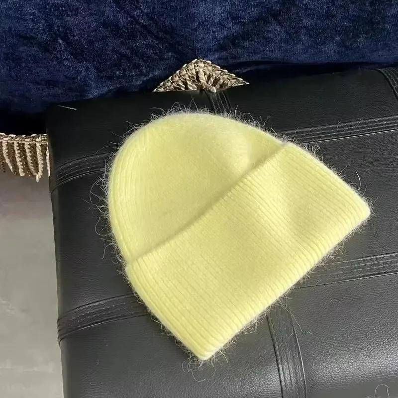 2024 Angora Strick Winter Hut Für Frauen Kaninchen Fell Flauschigen Gestrickte Mützen Korea Luxus Motorhaube Weibliche Weiche Warme Skullies Beanies 54-60cm gelb von Joom DACH