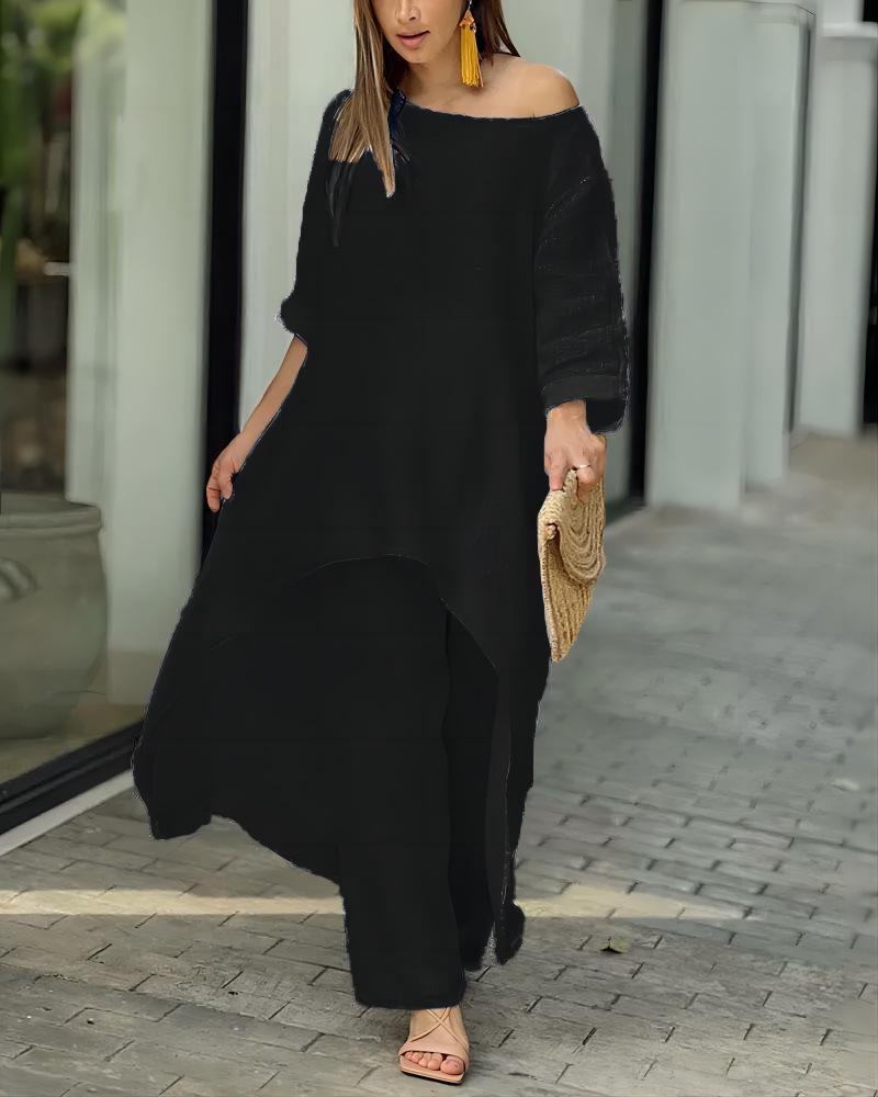 2024 Damen Baumwolle Leinen Casual Übergröße Zweiteiler: Unregelmäßiges Langarm-Oberteil & Weitbein-Hose XXL schwarz von Joom DACH