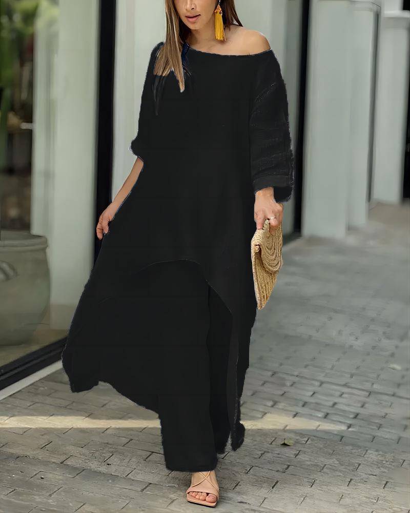 2024 Damen Baumwolle Leinen Casual Übergröße Zweiteiler: Unregelmäßiges Langarm-Oberteil & Weitbein-Hose XXL schwarz von Joom DACH