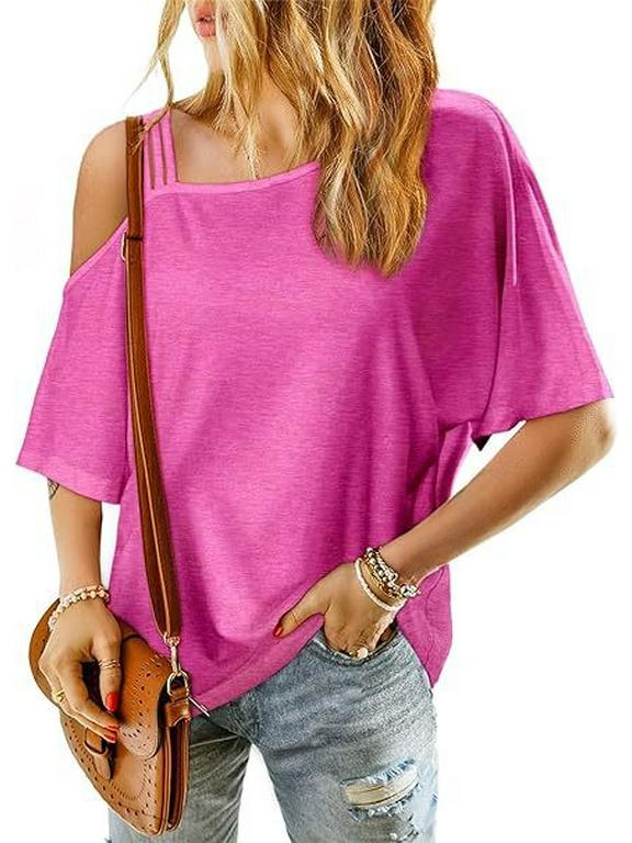 2024 Damen Casual Off-Shoulder Kurzarm T-Shirt Large fuchsie von Joom DACH