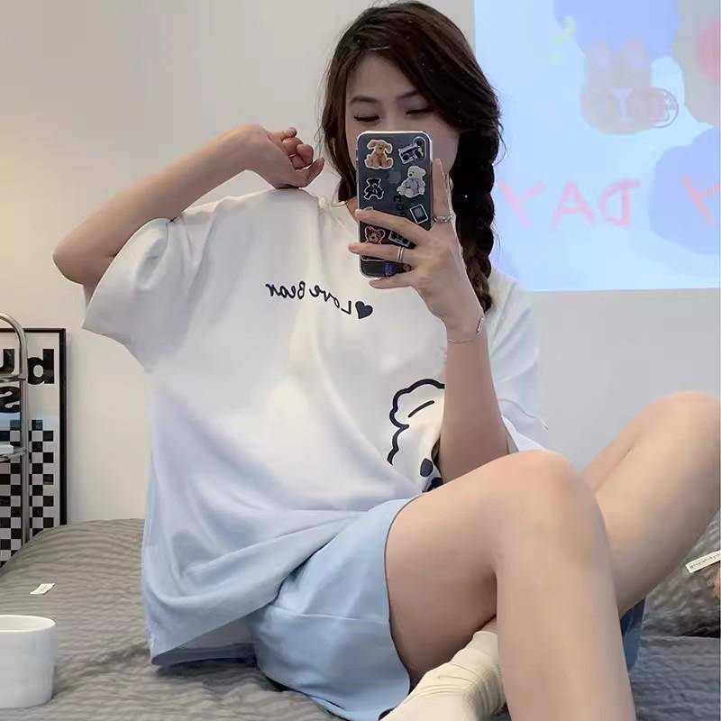 2024 Damen Sommer-Pyjama-Set: Kurzarm, lockere Passform, Rundhalsausschnitt, Zweiteiler mit Shorts XXL (120-150 jin) von Joom DACH