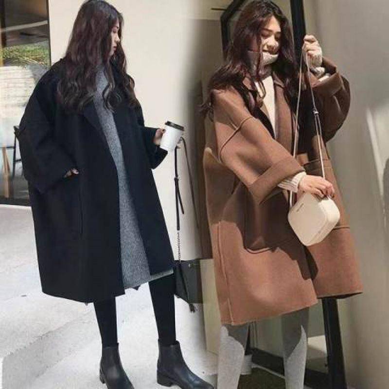 2024 Damen-Windjacke in mittlerer Länge im koreanischen Stil: Locker sitzender Wollmantel für Studenten für Herbst/Winter. 3XL schwarz von Joom DACH