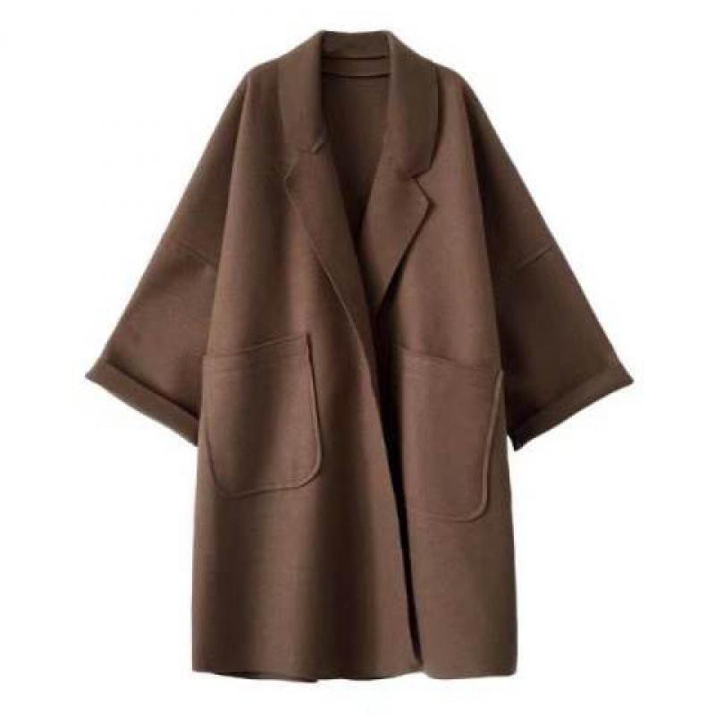 2024 Damen-Windjacke in mittlerer Länge im koreanischen Stil: Locker sitzender Wollmantel für Studenten für Herbst/Winter. L kaffeebraun von Joom DACH