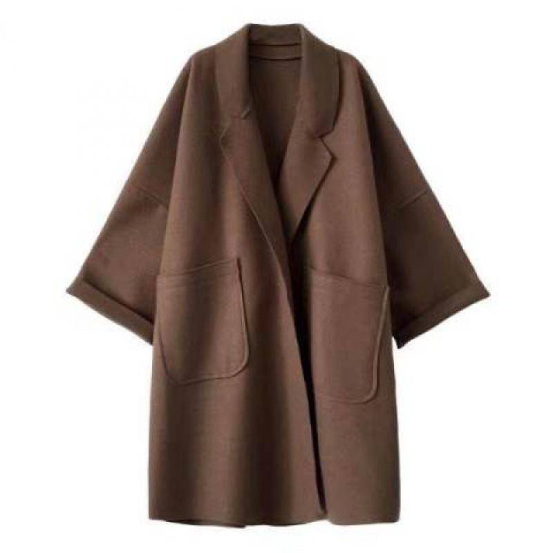 2024 Damen-Windjacke in mittlerer Länge im koreanischen Stil: Locker sitzender Wollmantel für Studenten für Herbst/Winter. L kaffeebraun von Joom DACH