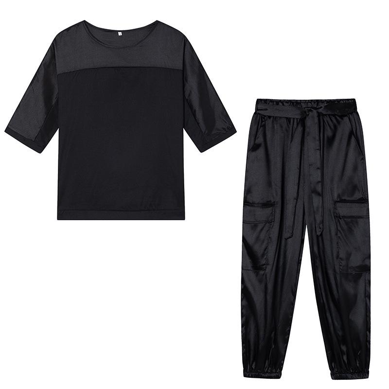 2024 Europäischer & Amerikanischer Satin Halbarm Top & Hose Damen Zweiteiliger Freizeitanzug. M schwarz von Joom DACH