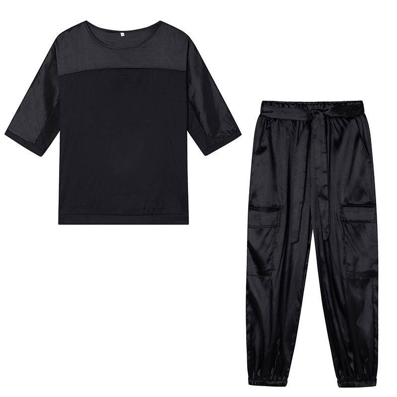 2024 Europäischer & Amerikanischer Satin Halbarm Top & Hose Damen Zweiteiliger Freizeitanzug. M schwarz von Joom DACH