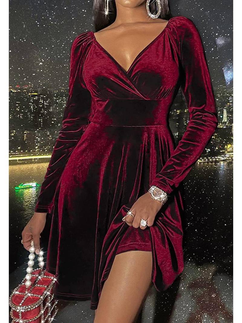 2024 Europäisches & Amerikanisches Damen Langarm V-Ausschnitt Kleid für Frühling, Herbst und Weihnachten Medium rot von Joom DACH