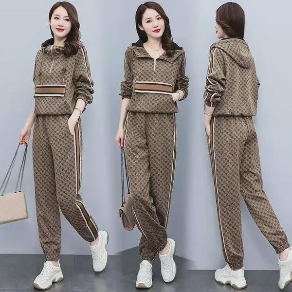2024 Frühjahr/Herbst Damen Sporty Chic Kleine-Größe Zwei-Stück Anzug: Lockerer Pullover und Freizeithose XXL braun von Joom DACH