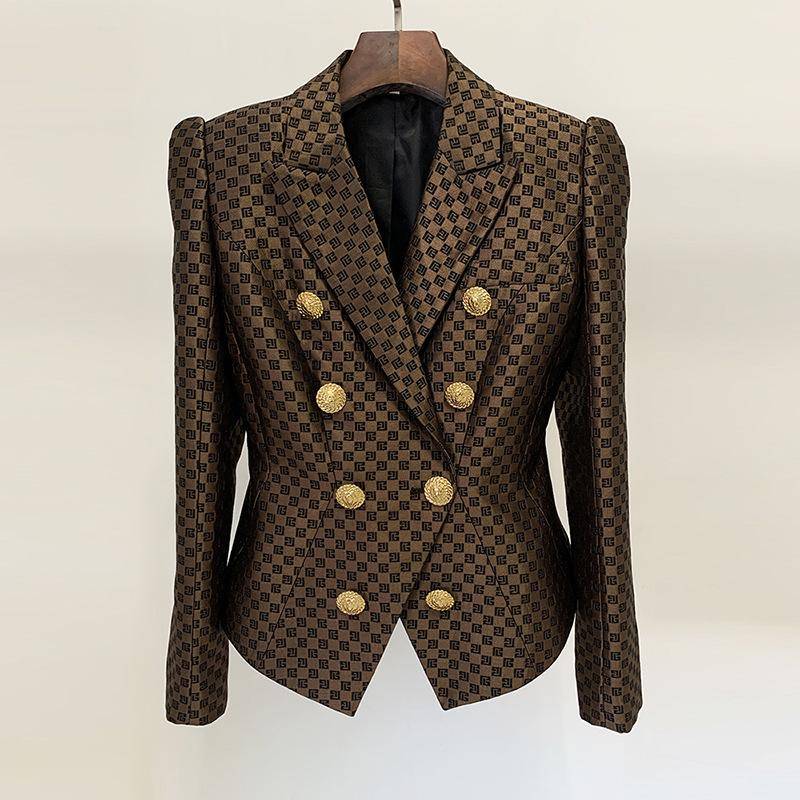 2024 Frühling Herbst Damen Blazer Zweireihig Löwenkopf Goldknopf Damen Blazer Jacke Schlank Print Anzugjacke Damenmode S dunkelbraune von Joom DACH