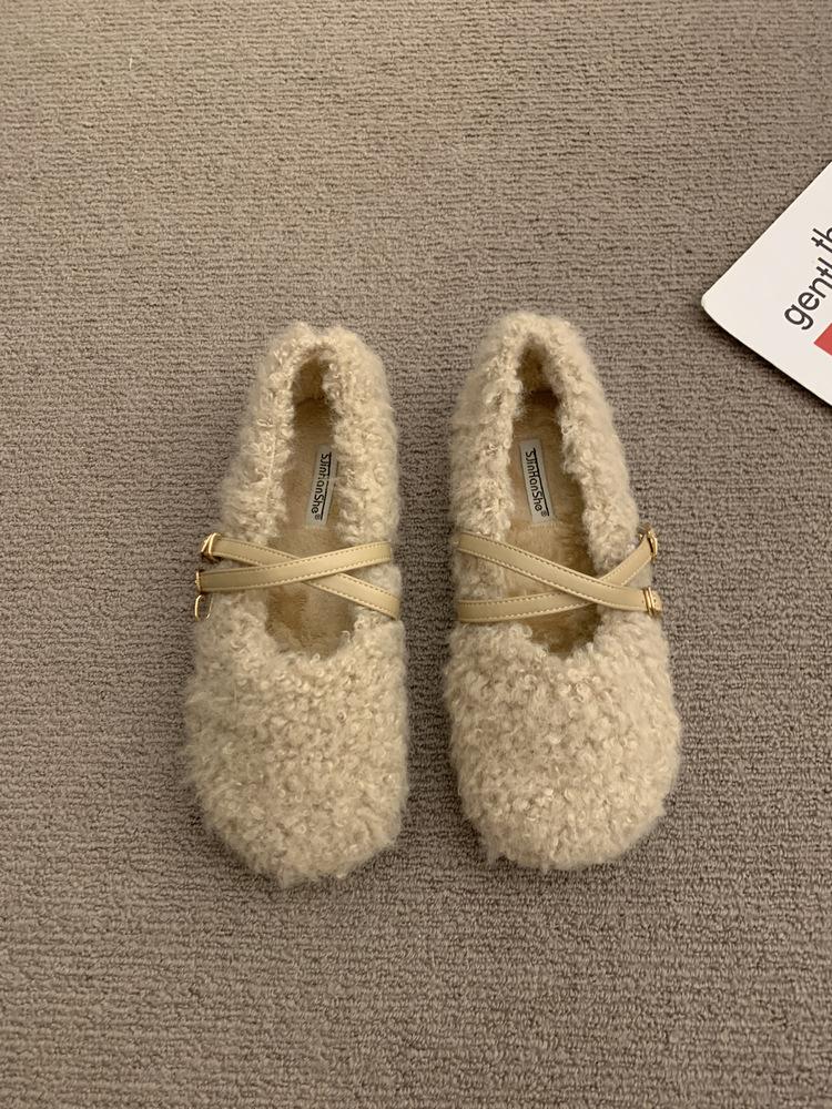 2024 Frühling Lammhaar Frauen Ballett Laofer Flache Schuhe Mode Flach Slip Auf Damen Pelz Mary Jane Schuhe Weiche Outdoor Oma Schuhe 40 khaki von Joom DACH