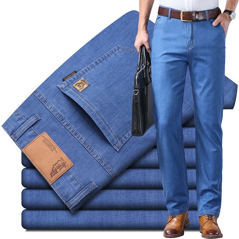 2024 Frühling Sommer Marke Herren Fit Gerade Leichte Baumwolle Stretch Denim Business Casual Hohe Taille Dünne Hellgraue Jeans 34 hellblaue von Joom DACH