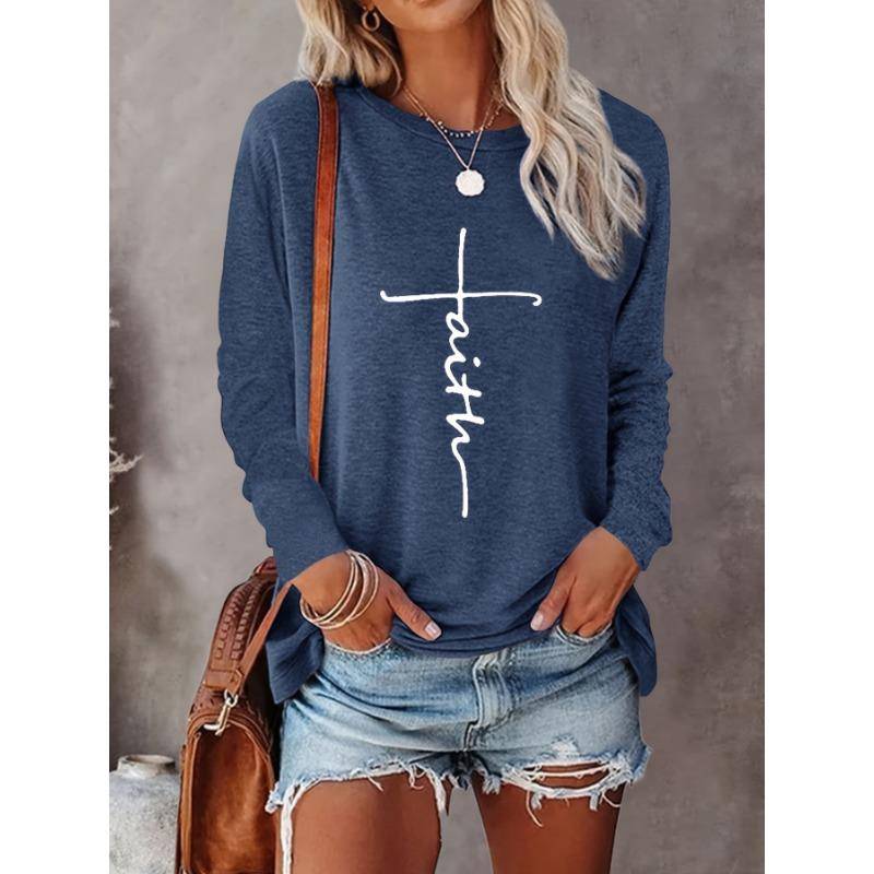 2024 Gradient Faith Letter Print Damen T-Shirt Langarm Crop Top Weibliche Grafik Bluse Plus Size Damenbekleidung Shirts 2XL von Joom DACH