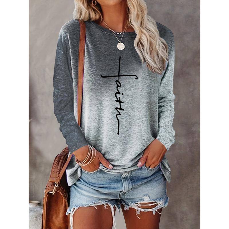 2024 Gradient Faith Letter Print Damen T-Shirt Langarm Crop Top Weibliche Grafik Bluse Plus Size Damenbekleidung Shirts 2XL von Joom DACH