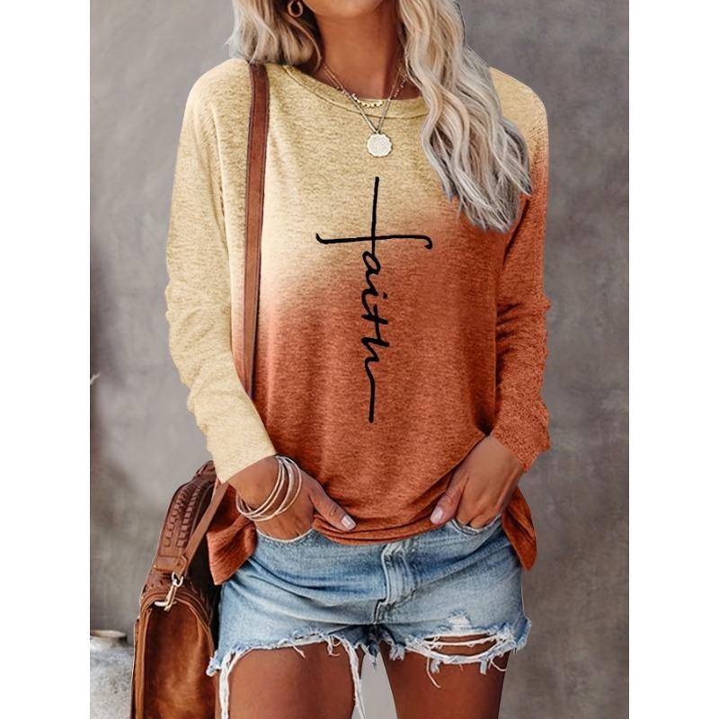 2024 Gradient Faith Letter Print Damen T-Shirt Langarm Crop Top Weibliche Grafik Bluse Plus Size Damenbekleidung Shirts 3XL von Joom DACH