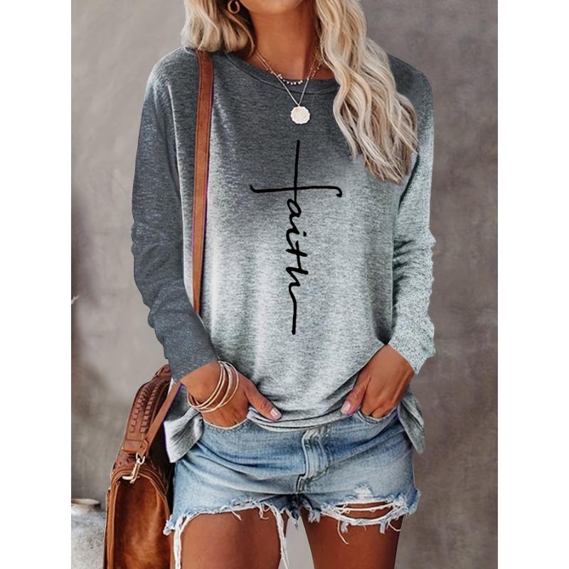 2024 Gradient Faith Letter Print Damen T-Shirt Langarm Crop Top Weibliche Grafik Bluse Plus Size Damenbekleidung Shirts 3XL von Joom DACH