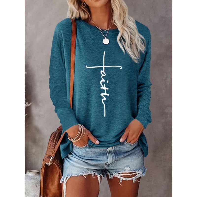 2024 Gradient Faith Letter Print Damen T-Shirt Langarm Crop Top Weibliche Grafik Bluse Plus Size Damenbekleidung Shirts 5XL von Joom DACH