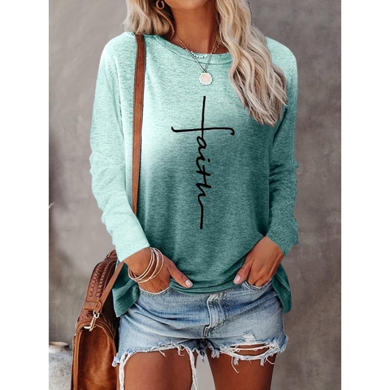 2024 Gradient Faith Letter Print Damen T-Shirt Langarm Crop Top Weibliche Grafik Bluse Plus Size Damenbekleidung Shirts 6XL von Joom DACH