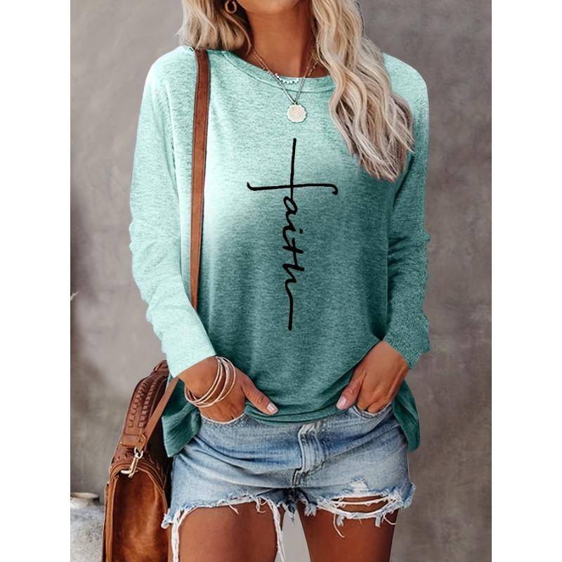 2024 Gradient Faith Letter Print Damen T-Shirt Langarm Crop Top Weibliche Grafik Bluse Plus Size Damenbekleidung Shirts 6XL von Joom DACH