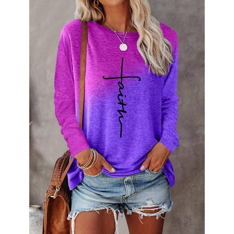 2024 Gradient Faith Letter Print Damen T-Shirt Langarm Crop Top Weibliche Grafik Bluse Plus Size Damenbekleidung Shirts L von Joom DACH