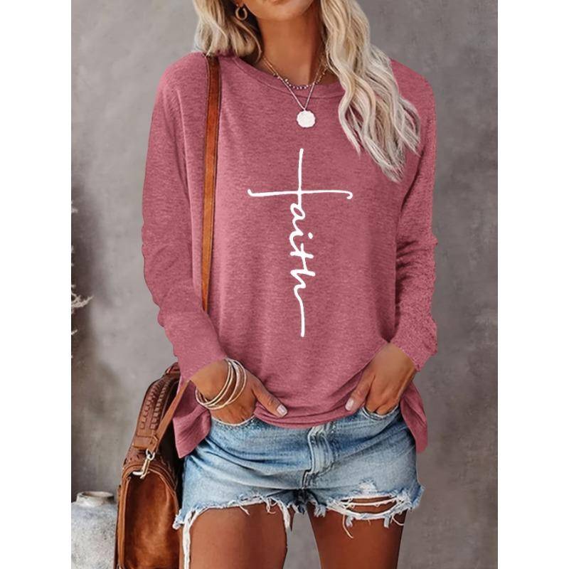 2024 Gradient Faith Letter Print Damen T-Shirt Langarm Crop Top Weibliche Grafik Bluse Plus Size Damenbekleidung Shirts L von Joom DACH