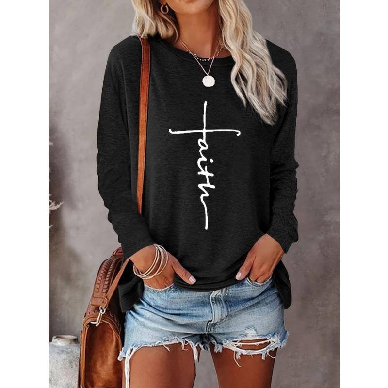 2024 Gradient Faith Letter Print Damen T-Shirt Langarm Crop Top Weibliche Grafik Bluse Plus Size Damenbekleidung Shirts L von Joom DACH