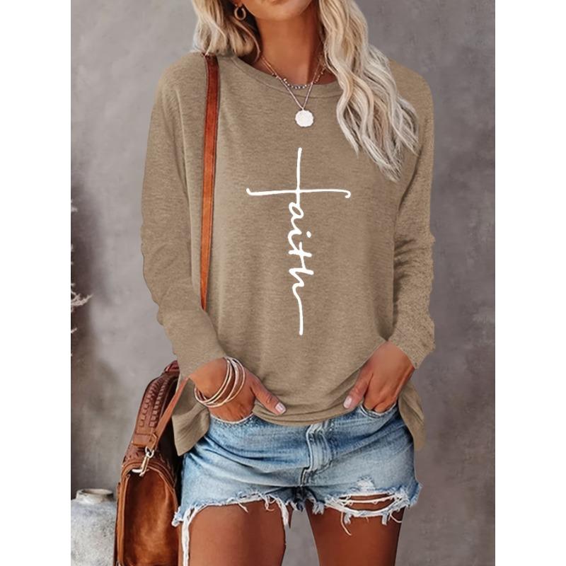 2024 Gradient Faith Letter Print Damen T-Shirt Langarm Crop Top Weibliche Grafik Bluse Plus Size Damenbekleidung Shirts L von Joom DACH