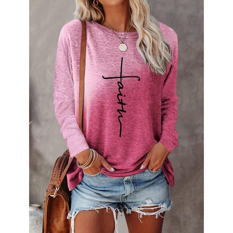 2024 Gradient Faith Letter Print Damen T-Shirt Langarm Crop Top Weibliche Grafik Bluse Plus Size Damenbekleidung Shirts XL von Joom DACH