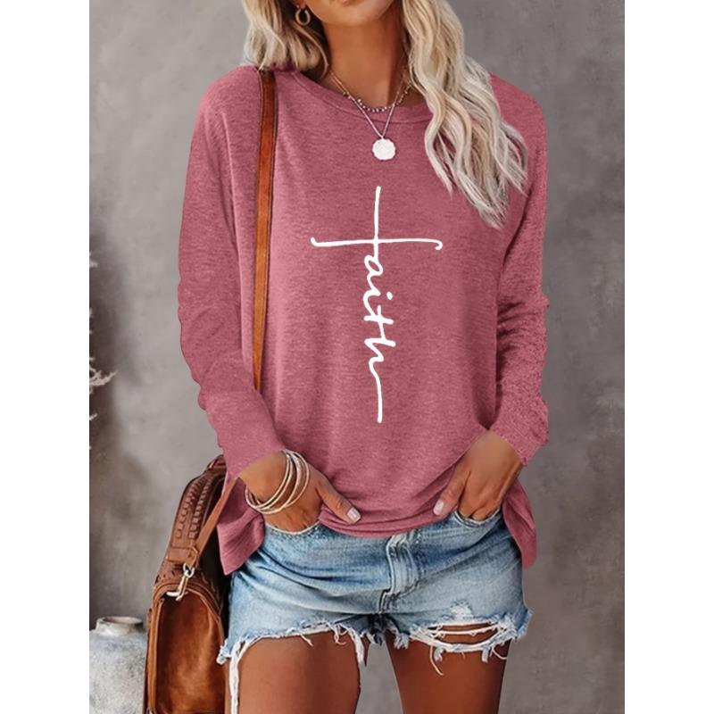 2024 Gradient Faith Letter Print Damen T-Shirt Langarm Crop Top Weibliche Grafik Bluse Plus Size Damenbekleidung Shirts XL von Joom DACH