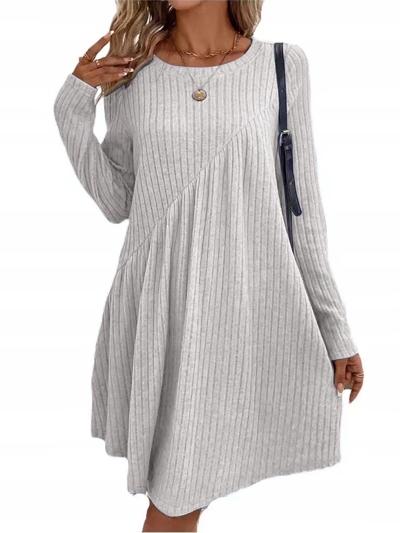 2024 Herbst/Winter Bohemian Unregelmäßigen Streifen Einfarbig Kleid für Frauen M hellgrau von Joom DACH