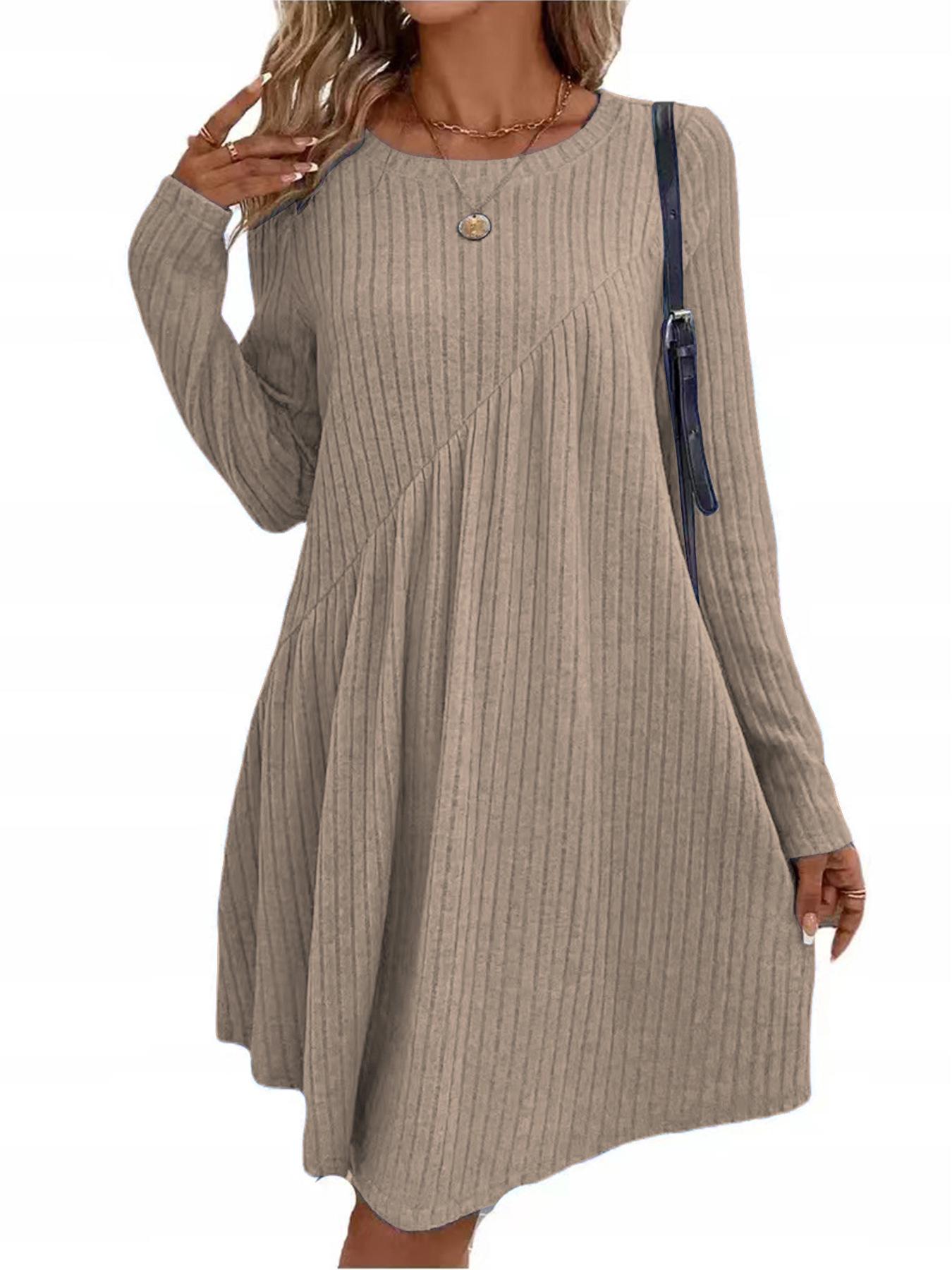 2024 Herbst/Winter Bohemian Unregelmäßigen Streifen Einfarbig Kleid für Frauen M khaki von Joom DACH