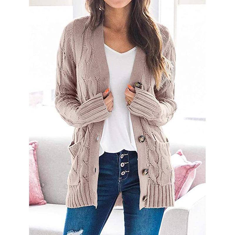 2024 Herbst/Winter Damen Europäischer und Amerikanischer Casual Cardigan Twist Button Solid Sweater L helle khaki von Joom DACH