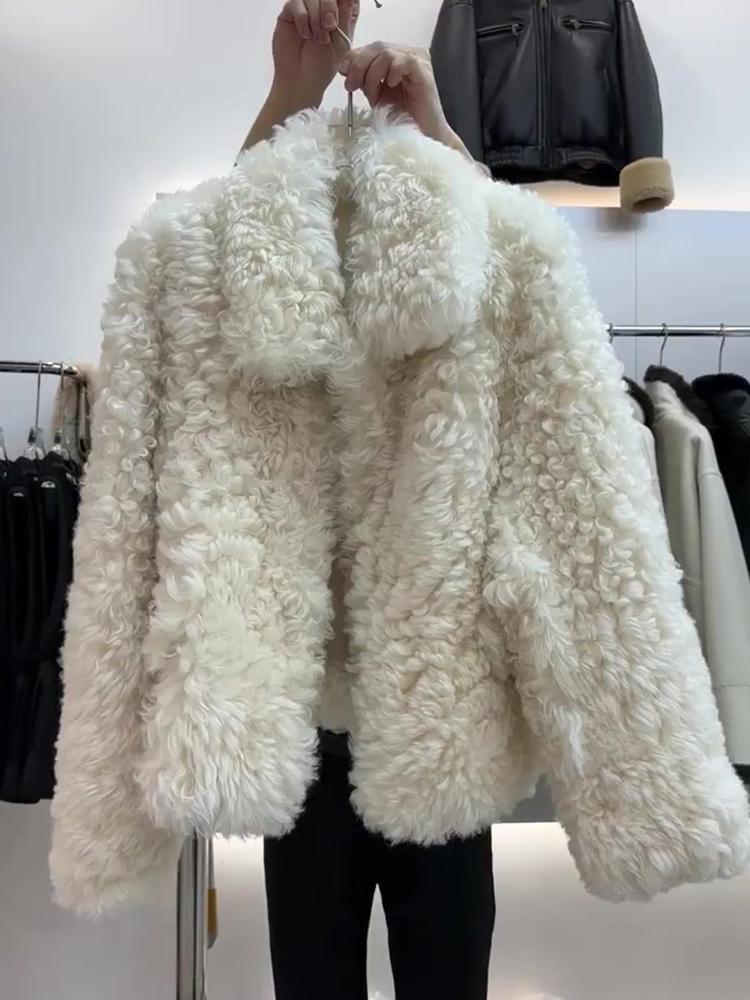 2024 Herbst/Winter Damen Promi-Stil Revers Teddy Wolle Lammfell Mantel - Weiches Weiß S [recommended 80–100 jin] von Joom DACH