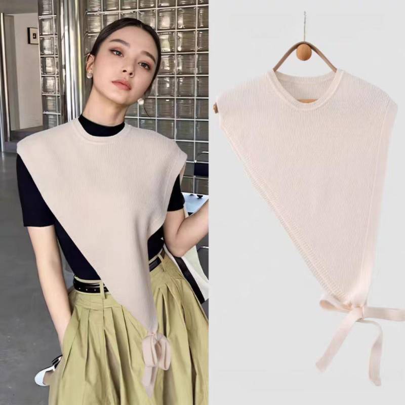 2024 Herbst/Winter Damen Retro High-End Schräge Schulter Gestrickter Dreieckiger Schal Weste grauweiß von Joom DACH