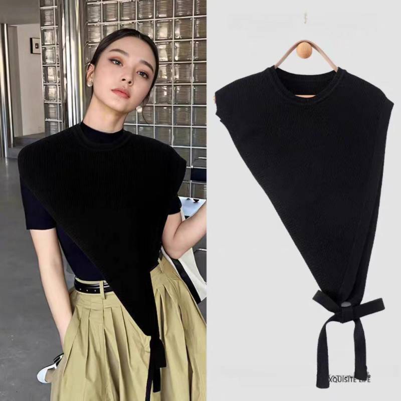 2024 Herbst/Winter Damen Retro High-End Schräge Schulter Gestrickter Dreieckiger Schal Weste schwarz von Joom DACH