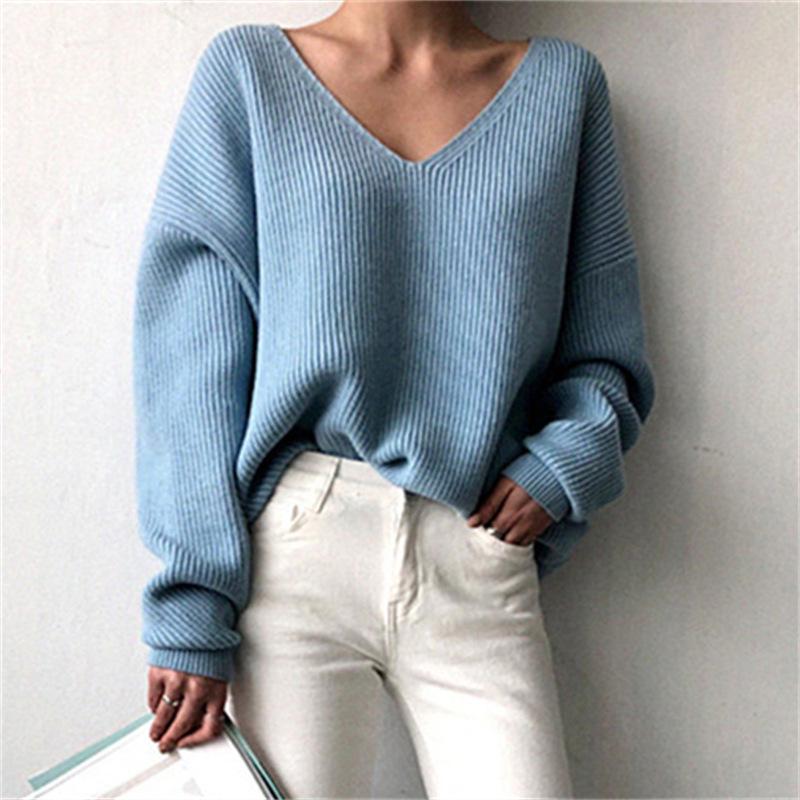2024 Herbst/Winter Damen V-Ausschnitt Locker Gestrickter Pullover mit Unregelmäßigem Saum One Size blau von Joom DACH