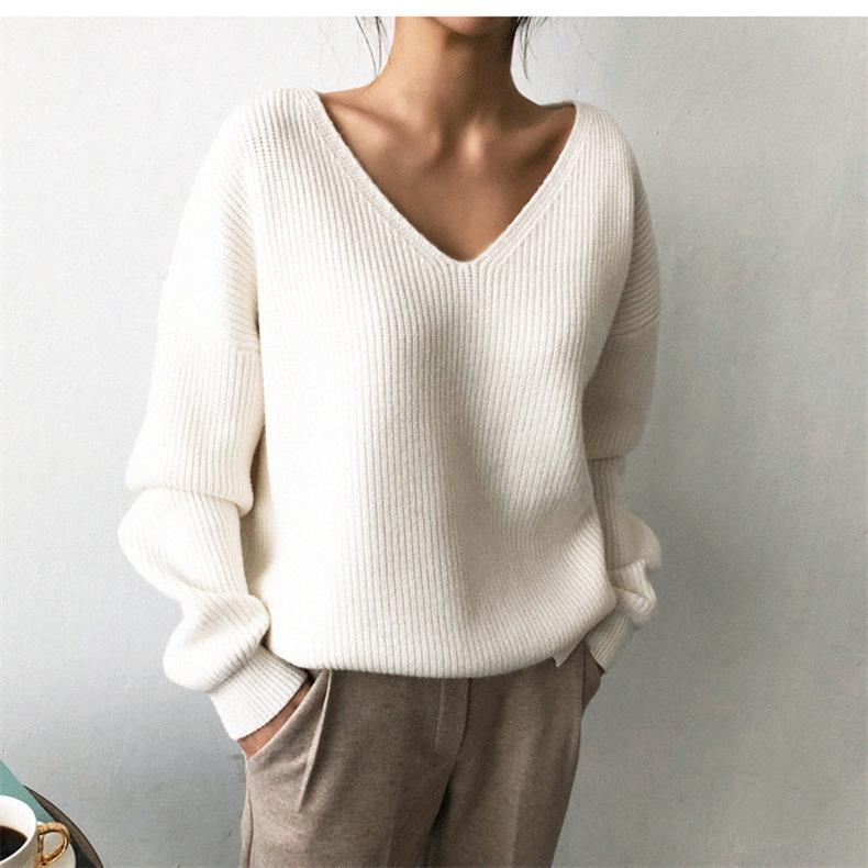 2024 Herbst/Winter Damen V-Ausschnitt Locker Gestrickter Pullover mit Unregelmäßigem Saum One Size von Joom DACH
