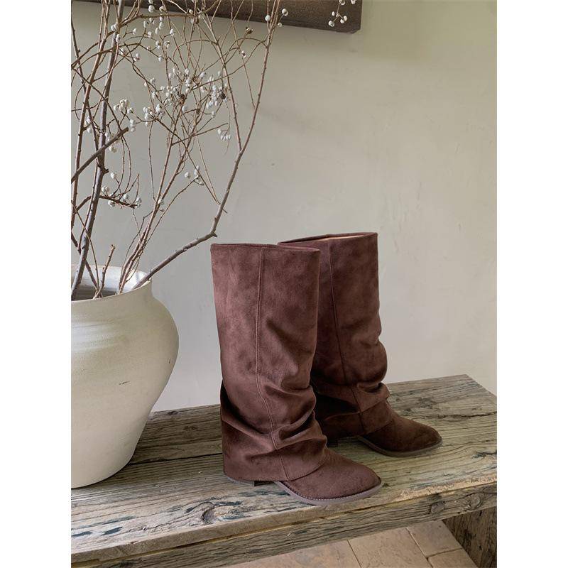 2024 Herbst/Winter Modische Damen kniehohe Stiefel mit dickem Absatz im europäischen und amerikanischen Stil 39 braun von Joom DACH