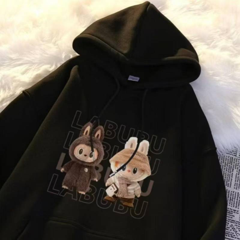 2024 Herbst Cartoon Niedlich Labubu Damen Übergröße Kapuzen-Fleece-Sweatshirt Small schwarz von Joom DACH