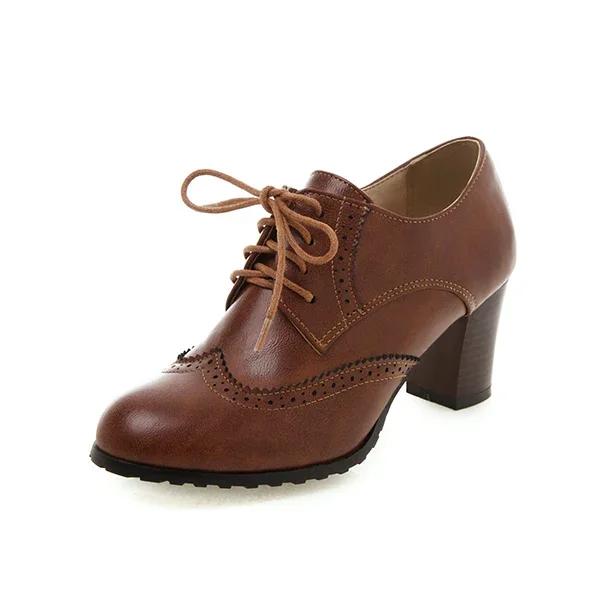 2024 Herbst Damen Oxford Schnürschuhe Vintage Runde Zehenpartie Damen Stiefeletten England Stil hohe Absätze Damen 36 braun von Joom DACH