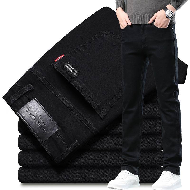 2024 Herbst Neue Dicke Reine Schwarze Herren-Jeans Stretch Slim Fit Vielseitige Hose Gerade Beinhose High-End Light Business 28 schwarz von Joom DACH