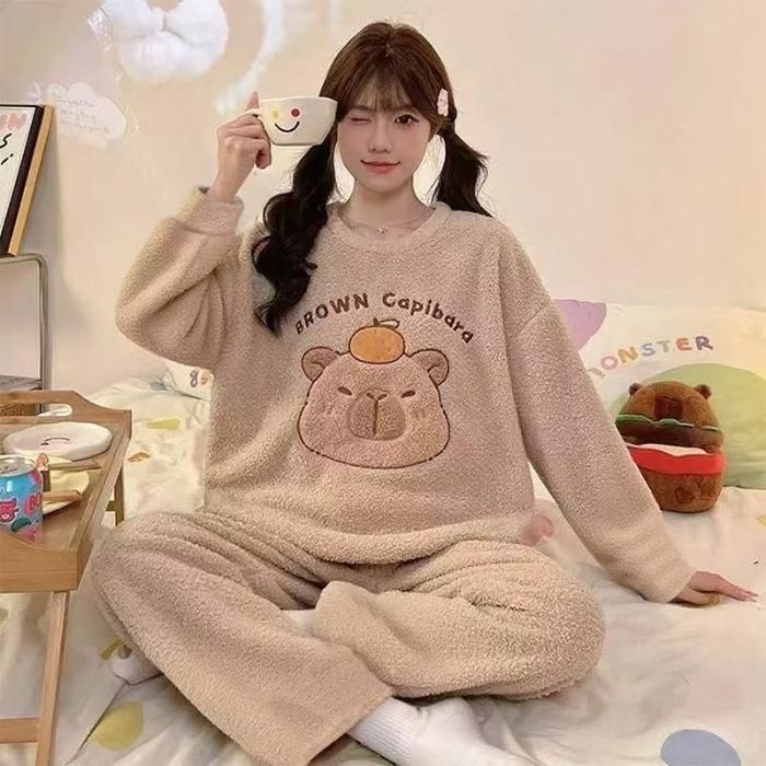 2024 Herbst Winter Flanell Warme Damen Pyjama Sets Langarm Damen Nachtwäsche karierte Hosen Zweiteiler Pyjamas Korallen Samt Pijama Homewear Mädchen M braun von Joom DACH