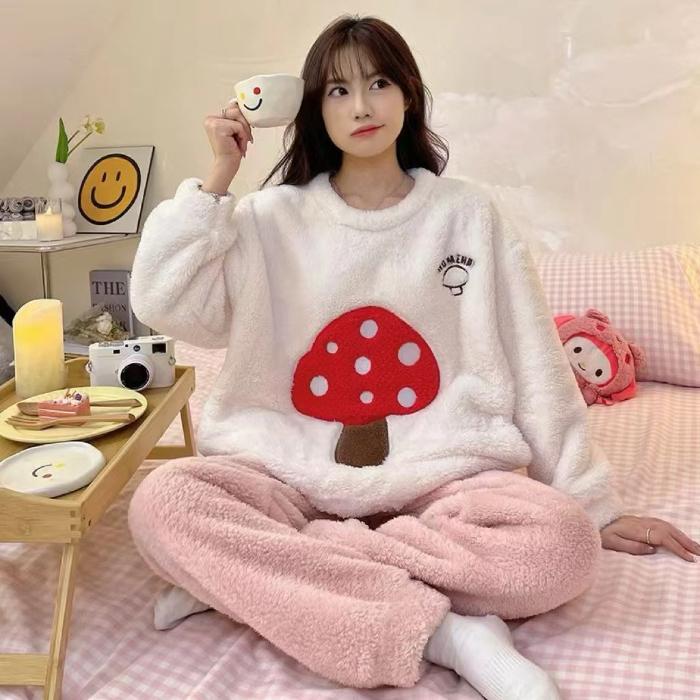 2024 Herbst Winter Flanell Warme Damen Pyjama Sets Langarm Damen Nachtwäsche karierte Hosen Zweiteiler Pyjamas Korallen Samt Pijama Homewear Mädchen M grau von Joom DACH