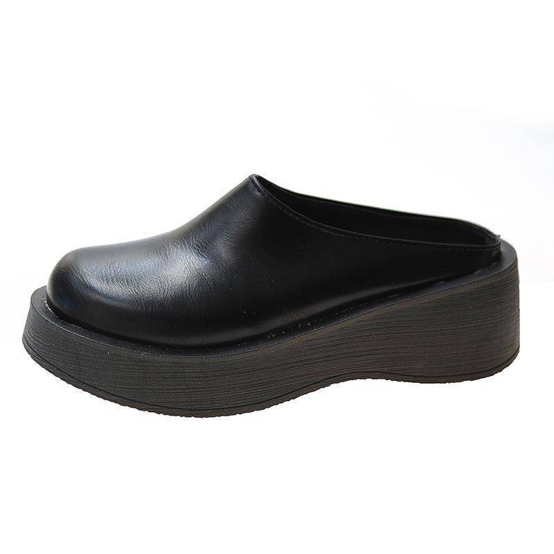 2024 Herbst neue koreanische Version von Biskuitkuchen und dicker Boden Tasche Kopf Mode Halb Hausschuhe Damen rutschfeste runde Kopf faul cool Hausschuhe 38 schwarz von Joom DACH