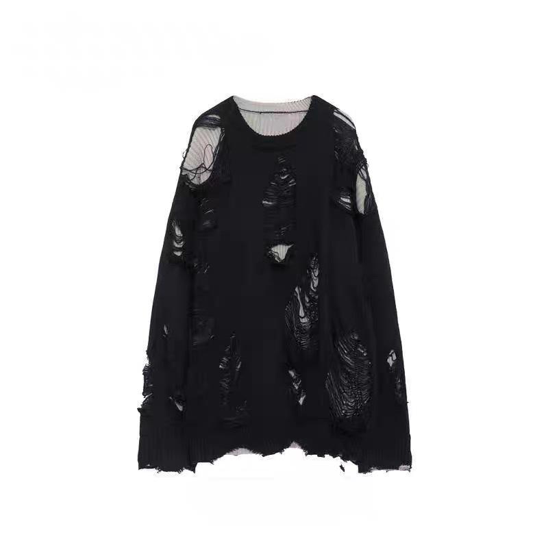 2024 Herren American-Style Oversized Ripped Zweiteiler-Look Pullover, Lockere Passform, Langärmlig, Gestrickt, für Frühling/Herbst. XXL schwarz von Joom DACH