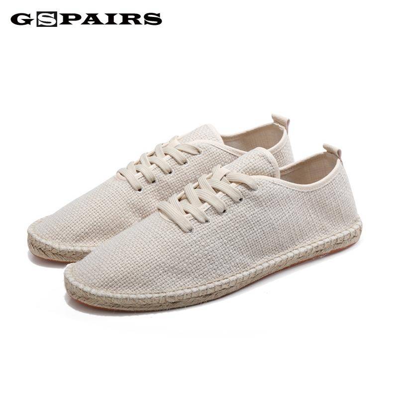 2024 Herren Canvas Schuhe Atmungsaktive Herren Slipper Schnürschuhe Einfarbig Schwarz Weiß Hanf Umwicklung Herrenschuhe Espadrilles Fischer 44 beige von Joom DACH