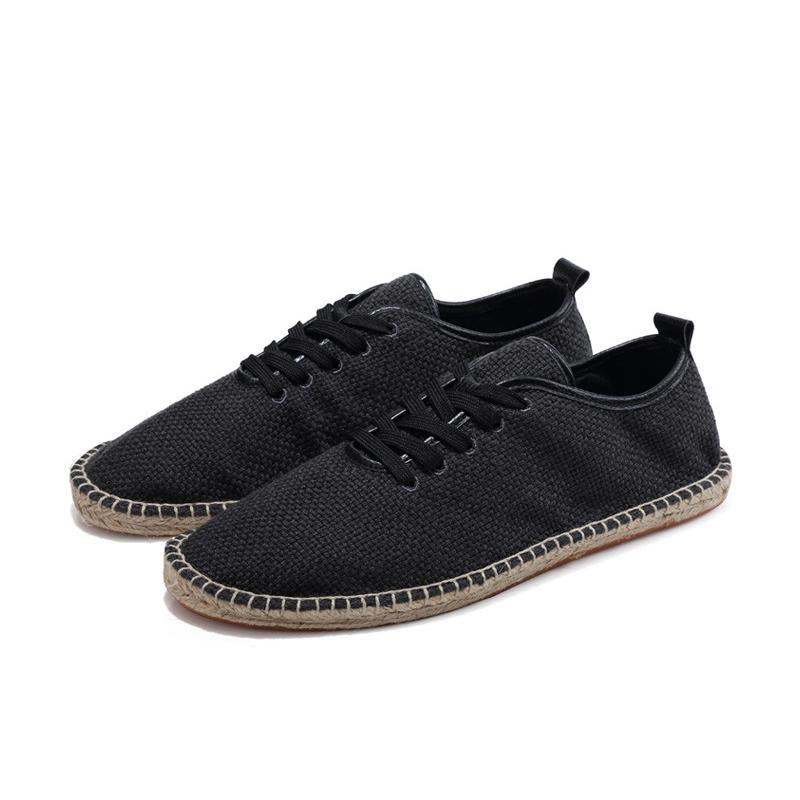 2024 Herren Canvas Schuhe Atmungsaktive Herren Slipper Schnürschuhe Einfarbig Schwarz Weiß Hanf Umwicklung Herrenschuhe Espadrilles Fischer 44 schwarz von Joom DACH