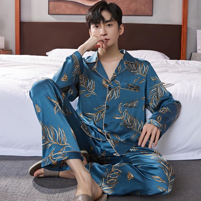 2024 Herren Eisseide Jacquard Pyjama Set: Langärmliger Cardigan & Hose - Frühling/Sommer Übergröße XL von Joom DACH