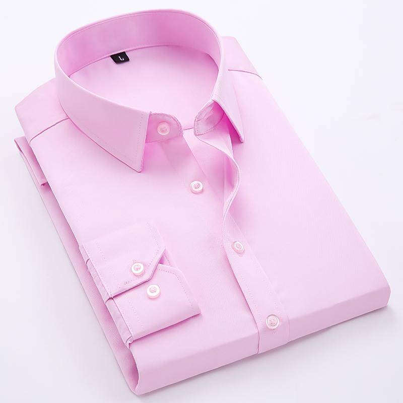 2024 Hochwertige Stretch-Anti-Falten-Herrenhemden Langarm-Hemden für schlanke Männer im Social Business-Stil, Bluse, einfarbiges Hemd 4XL rosa von Joom DACH