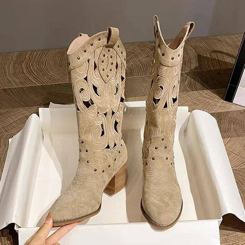 2024 Hohl bestickte Vintage Westernstiefel Damen 2024 Herbst Chunky Heels Kniehohe Cowboystiefel Frau Pu Leder Ritterstiefel 35 khaki von Joom DACH